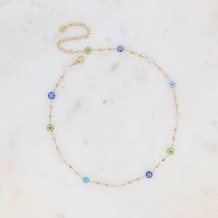 Collier fin - chaîne à boules avec pampilles rondes en résine aux fleurs