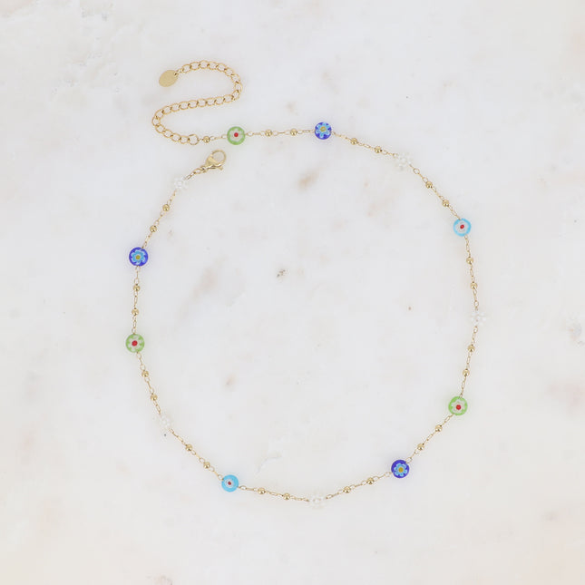 Collier fin - chaîne à boules avec pampilles rondes en résine aux fleurs