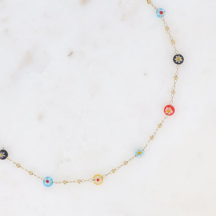 Collier fin - chaîne à boules avec pampilles rondes en résine aux fleurs