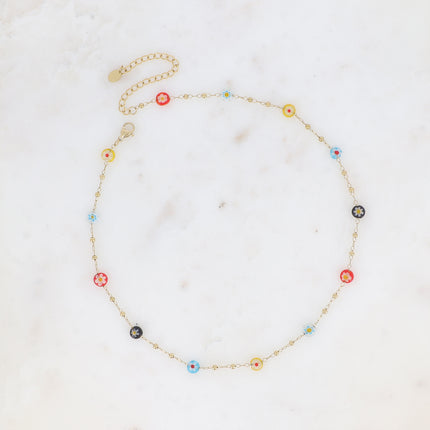 Collier fin - chaîne à boules avec pampilles rondes en résine aux fleurs