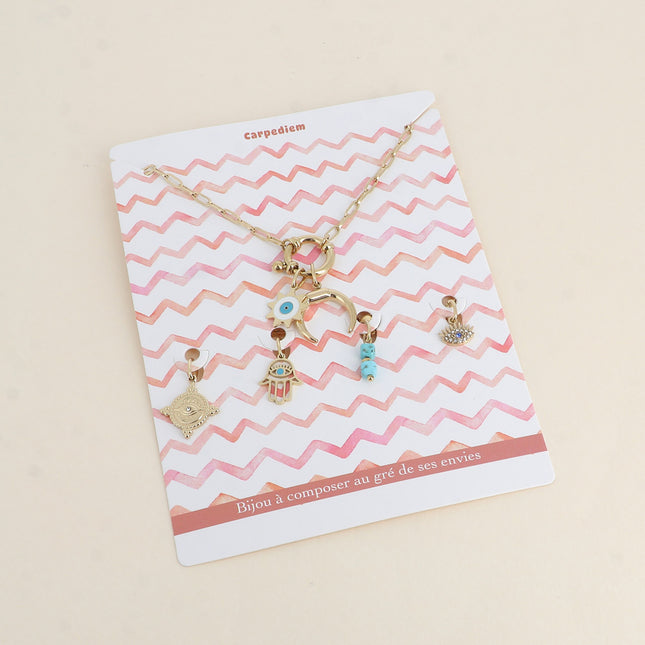 Cartelette CARPEDIEM Collier et 6 pendentifs (soleil oeil en émail et corne)