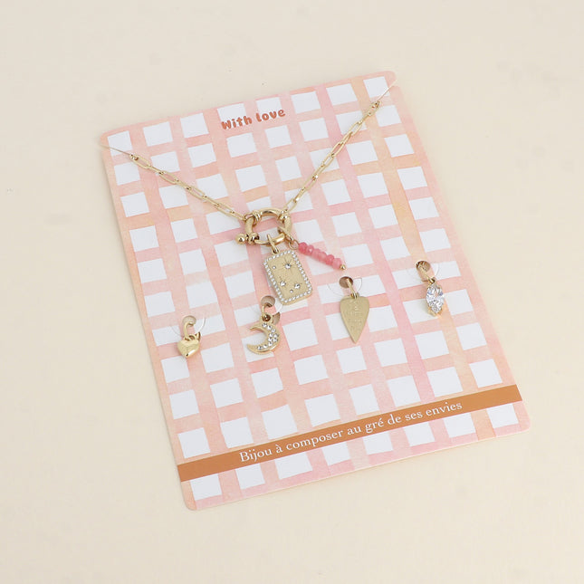 "WITH LOVE" card: Necklace and 6 pendants (star-shaped plaque with cubic zirconia and natural stones)