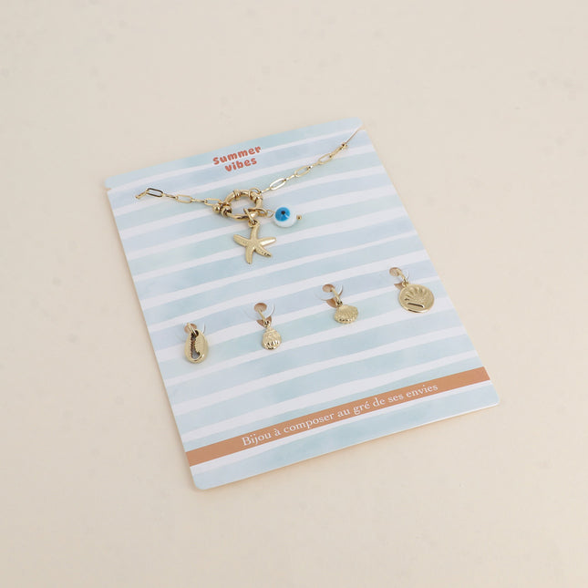 Cartelette SUMMER VIBES Bracelet et 6 pendentifs (oeil en émail et étoile de mer)