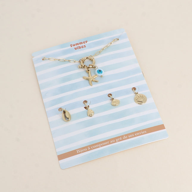 Cartelette SUMMER VIBES Collier et 6 pendentifs (oeil en émail et étoile de mer)