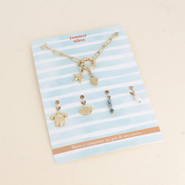 Cartelette SUMMER VIBES Collier et 6 pendentifs (coquillage escargot et étoile de mer)