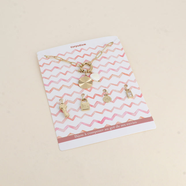 Cartelette CARPEDIEM Bracelet et 6 pendentifs (rosace et coeur nacré)