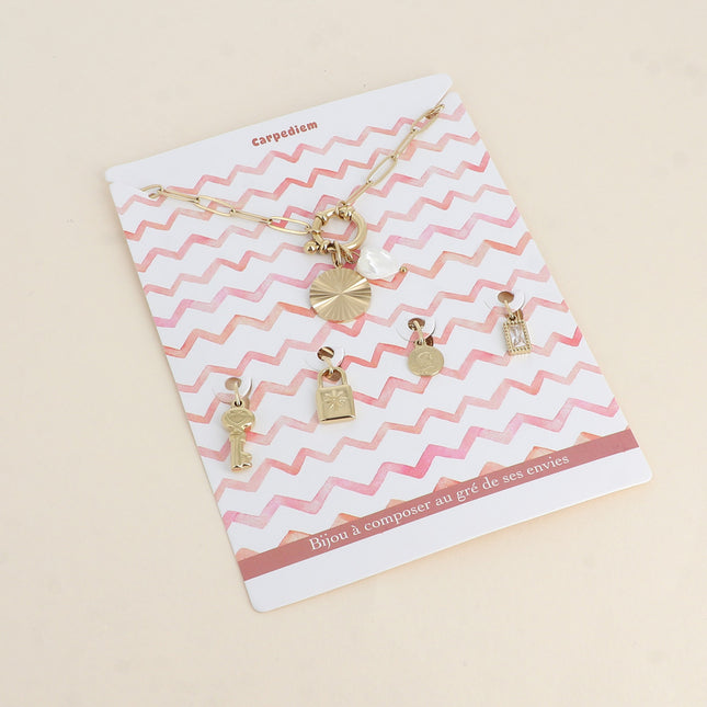 Cartelette CARPEDIEM Collier et 6 pendentifs (rosace et coeur nacré)