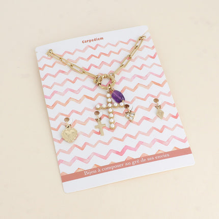 Cartelette CARPEDIEM Collier et 6 pendentifs (croix religieuse aux boules en résine nacrée et acétate coloré)