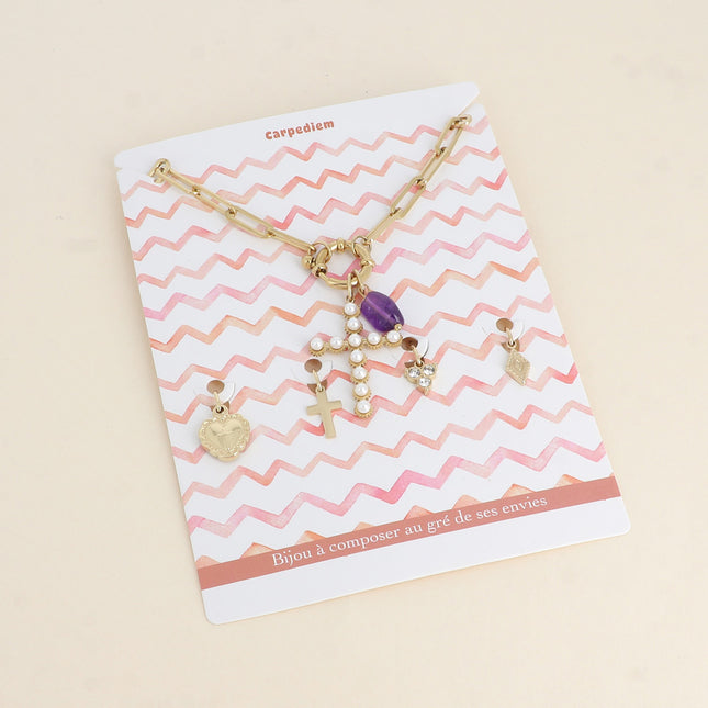 Cartelette CARPEDIEM Collier et 6 pendentifs (croix religieuse aux boules en résine nacrée et acétate coloré)