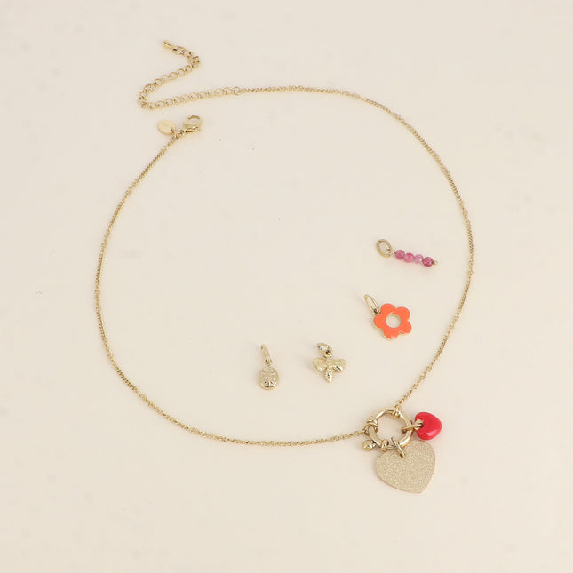 Card with LOVE Necklace and 6 pendants (glittery effect heart and enameled heart)