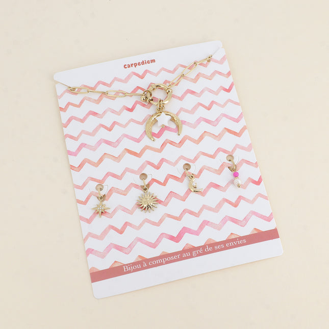 Cartelette CARPEDIEM Bracelet et 6 pendentifs (lune et étoile nacrée)