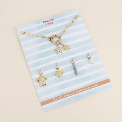 SUMMER VIBES card: Bracelet and 6 pendants (seashell, snail and starfish)
