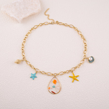 Collier Amaïa - pampilles marins (coquillages, étoiles de mer, goutte en résine refermant un coquillage plat naturel)