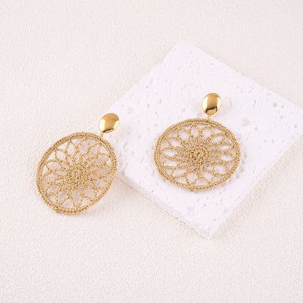 Dangle earrings - flat oval piece and braided fabric piece forming a rosette