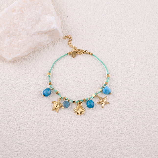 Bracelet - cordon avec pampilles (coquillages, étoile de mer, tortue) et pierres naturelles