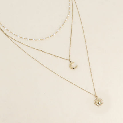 Collier Callia - Lune - 3 rangs, maille émaillée, lune et soleil