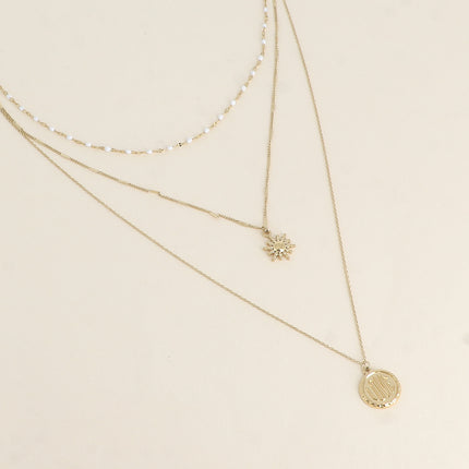Collier Callia - soleil - 3 rangs, maille émaillée, médaille LOVE et soleil