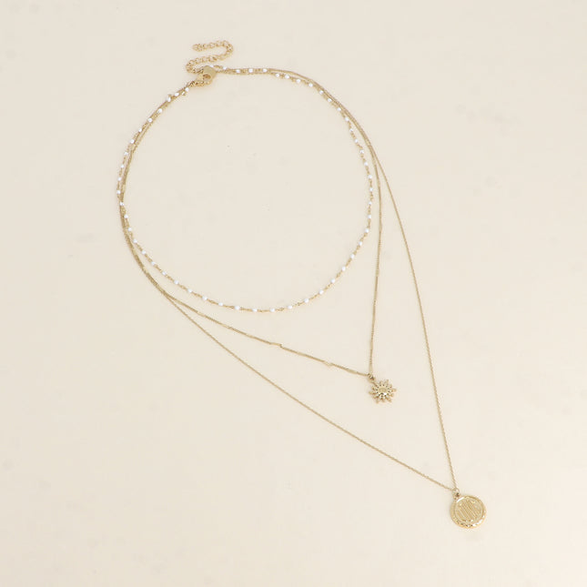 Collier Callia - soleil - 3 rangs, maille émaillée, médaille LOVE et soleil