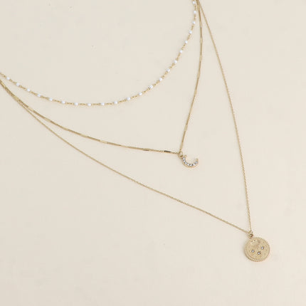 Collier - 3 rangs, maille émaillée, lune et médaillon étoiles avec oxydes de zirconium