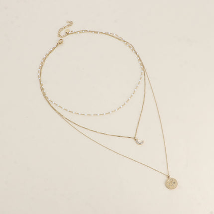 Collier - 3 rangs, maille émaillée, lune et médaillon étoiles avec oxydes de zirconium