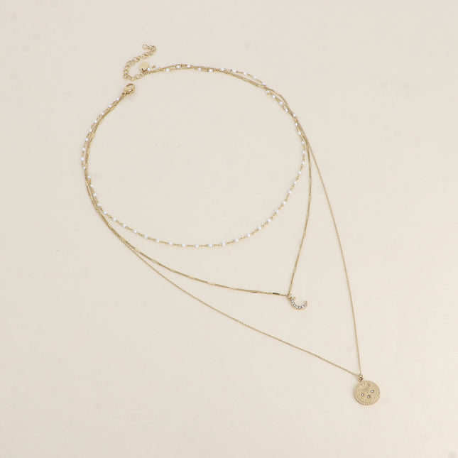 Collier - 3 rangs, maille émaillée, lune et médaillon étoiles avec oxydes de zirconium