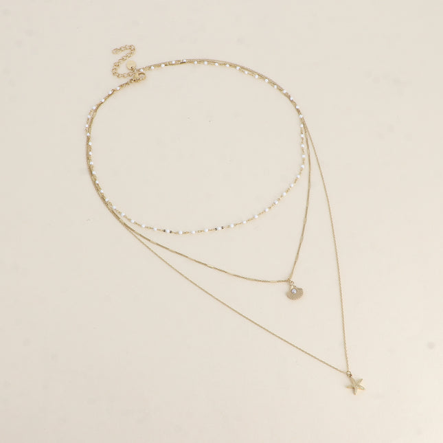 Callia Necklace - Seashell - 3 strands, enameled chain, seashell and starfish