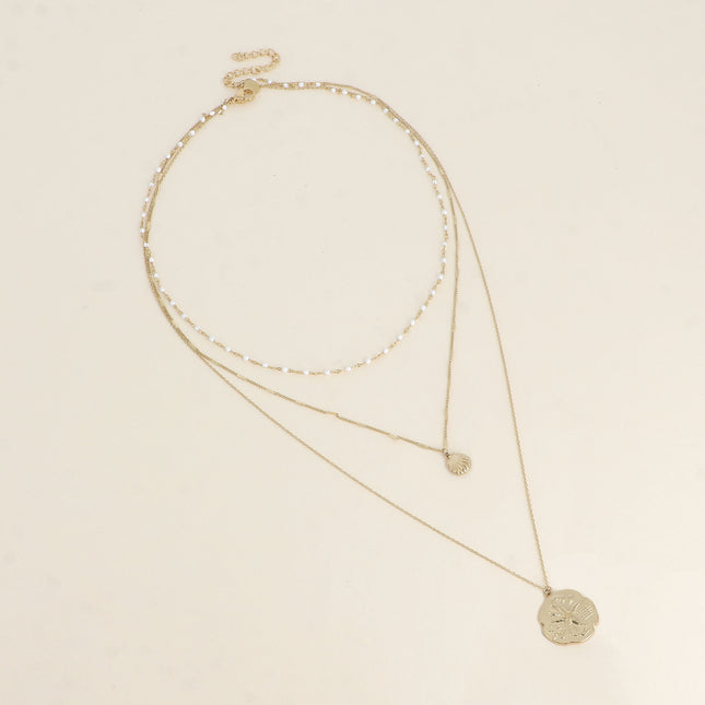 Necklace - 3 strands, enameled chain, seashell and starfish