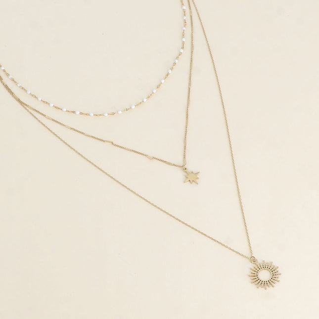Callia Necklace - Star - 3 strands, enameled chain, North Star and Milgrain Sun