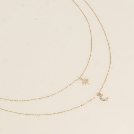 Collier - 2 rangs, maille émaillée, étoile du Nord et lune ornée d'oxydes de zirconium