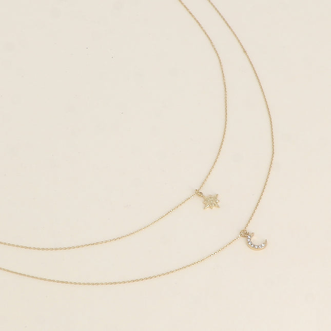 Necklace - 2 strands, enameled link, North Star and moon adorned with cubic zirconia