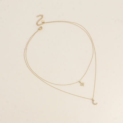 Collier - 2 rangs, maille émaillée, étoile du Nord et lune ornée d'oxydes de zirconium