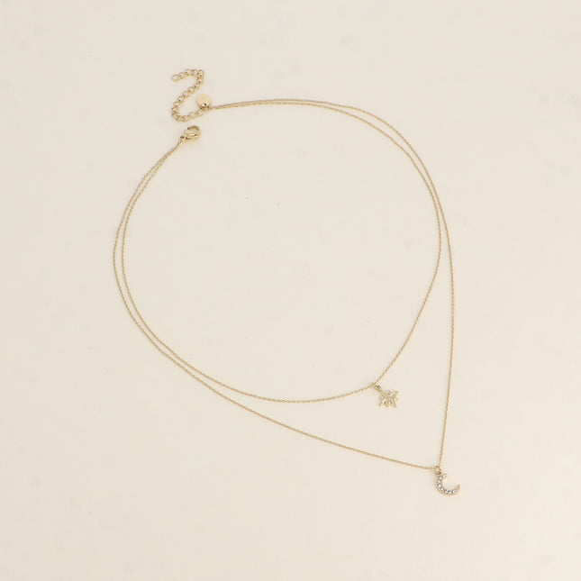 Necklace - 2 strands, enameled link, North Star and moon adorned with cubic zirconia