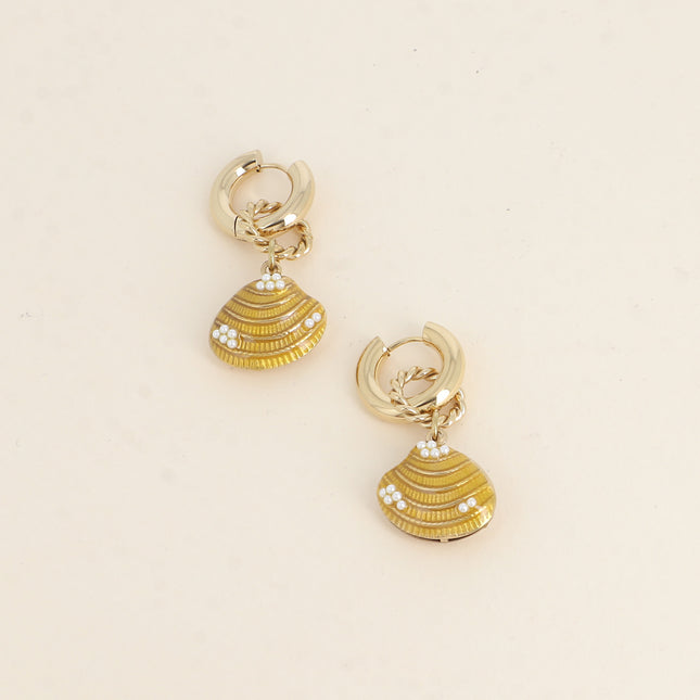 Creole earrings - enameled seashell and small resin beads