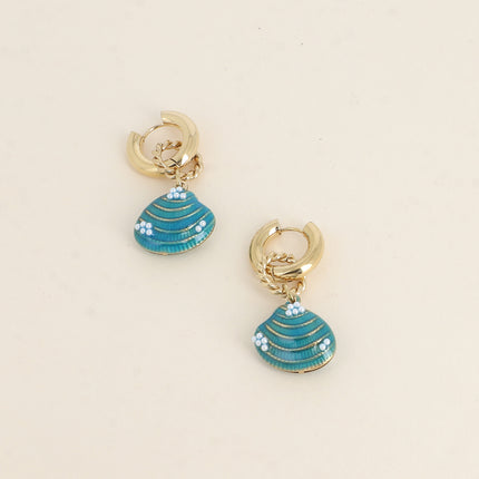 Creole earrings - enameled seashell and small resin beads