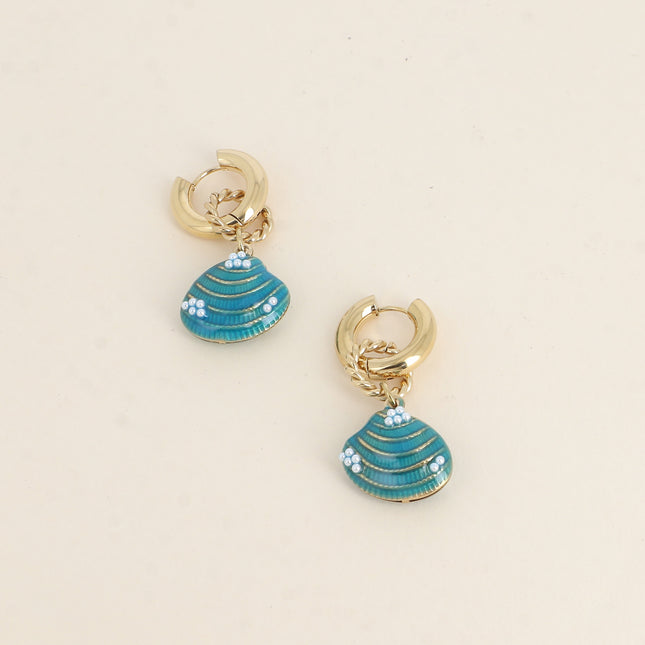 Creole earrings - enameled seashell and small resin beads