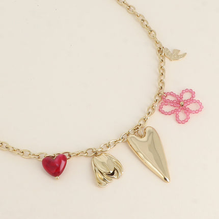Necklace - thick curb chain with heart, flower and bird tassels