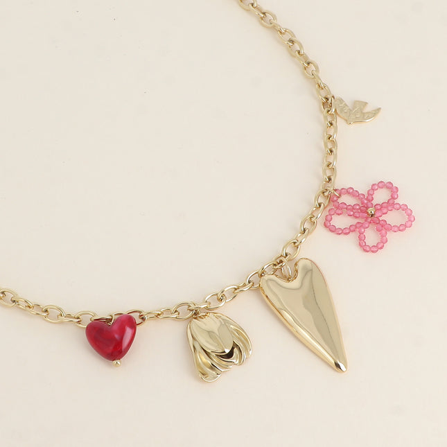 Collier - maille forçat épaisse et pampilles coeurs, fleur et oiseau