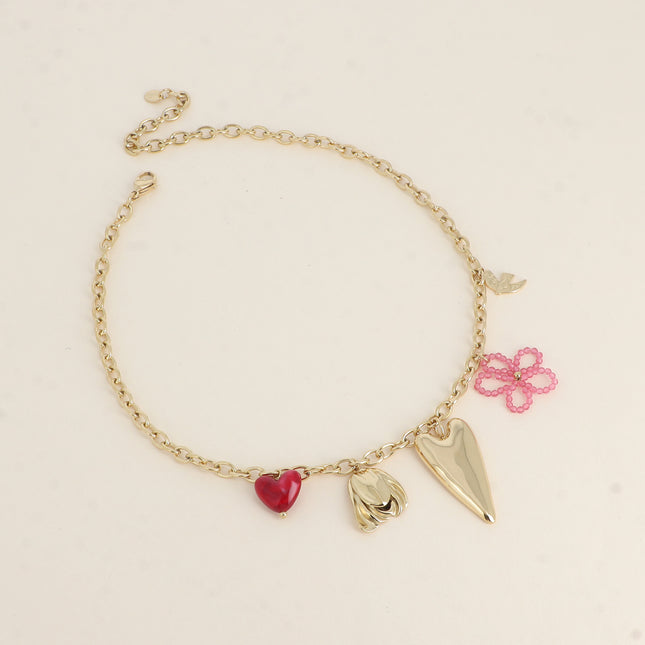 Collier - maille forçat épaisse et pampilles coeurs, fleur et oiseau