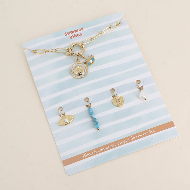 Cartelette SUMMER VIBES Bracelet et 6 pendentifs (coquillage et oeil émaillé)