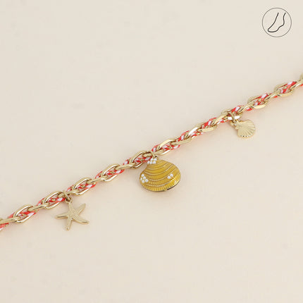 Chevillère - chaîne et cordon tressé, 3 pampilles (étoile de mer, coquillage émaillé et coquillage)