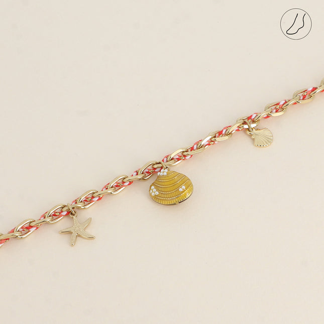 Chevillère - chaîne et cordon tressé, 3 pampilles (étoile de mer, coquillage émaillé et coquillage)