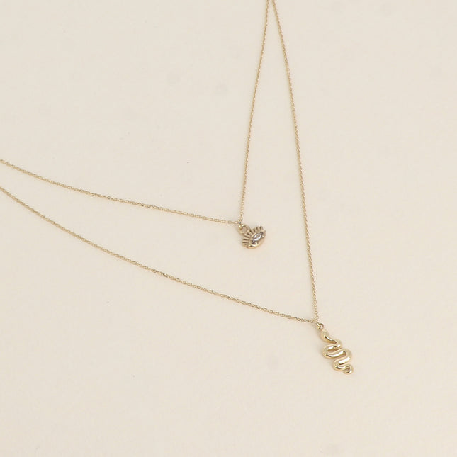 Collier - 2 rangs, pendentifs oeil avec cristal et serpent