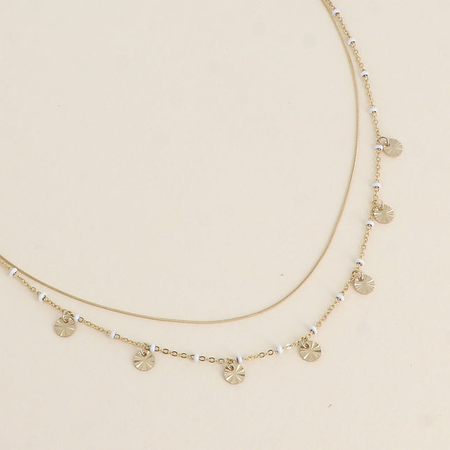 Necklace - 2 strands, fine snake chain and chain with enamel beads and textured round tassels