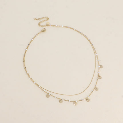 Collier - 2 rangs, maille fine serpent et maille avec boules en émail et pampilles rondes texturées