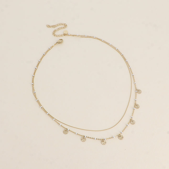 Necklace - 2 strands, fine snake chain and chain with enamel beads and textured round tassels