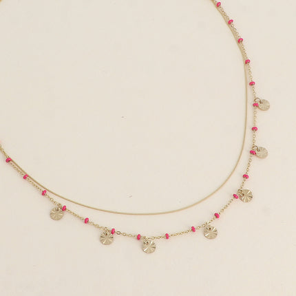 Collier - 2 rangs, maille fine serpent et maille avec boules en émail et pampilles rondes texturées