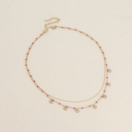 Collier - 2 rangs, maille fine serpent et maille avec boules en émail et pampilles rondes texturées