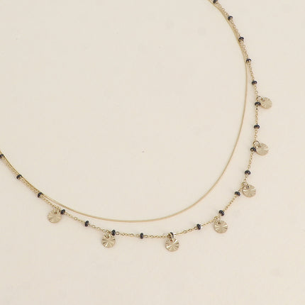 Collier - 2 rangs, maille fine serpent et maille avec boules en émail et pampilles rondes texturées