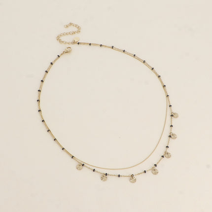 Collier - 2 rangs, maille fine serpent et maille avec boules en émail et pampilles rondes texturées
