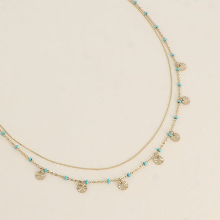 Collier - 2 rangs, maille fine serpent et maille avec boules en émail et pampilles rondes texturées